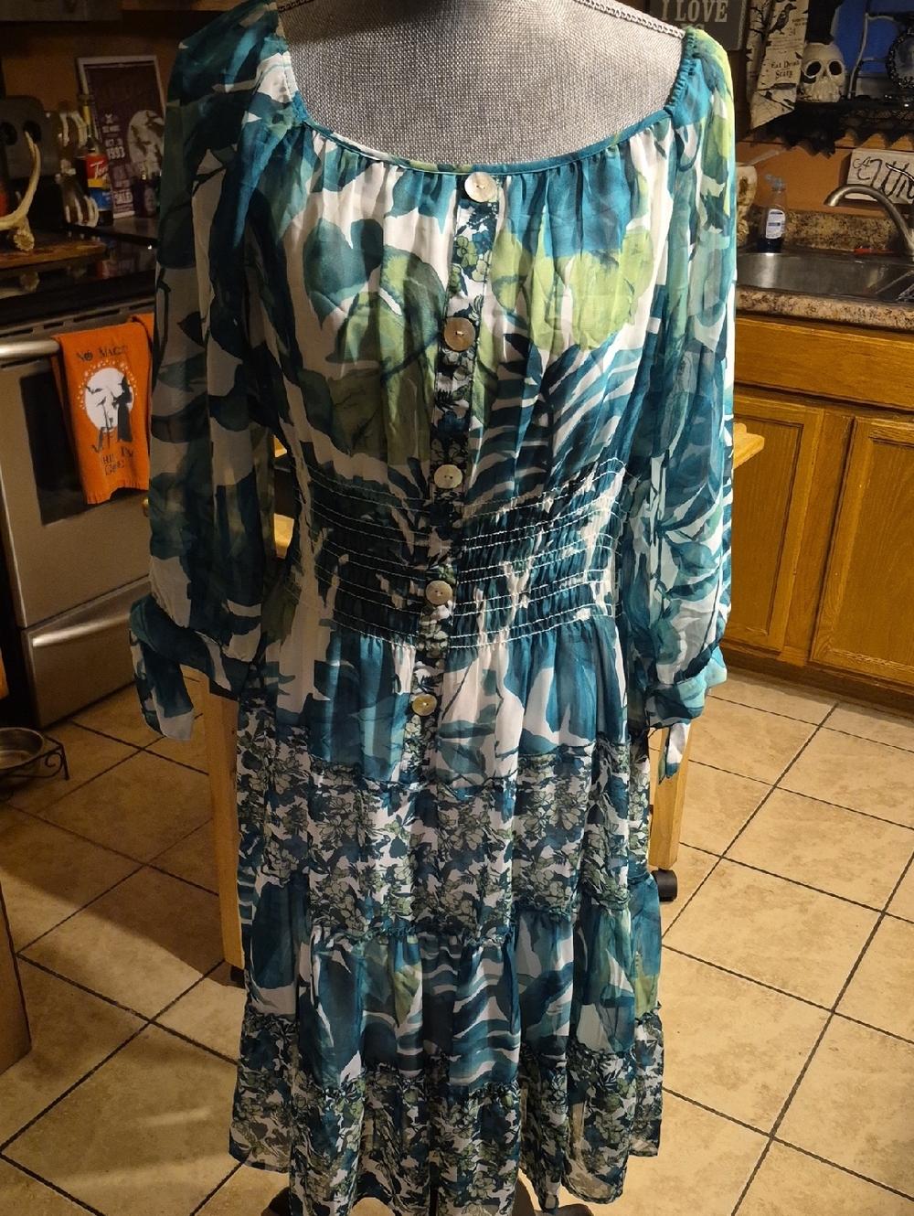Teal and Green Floral Long-Sleeve Tiered Button-Front Dress